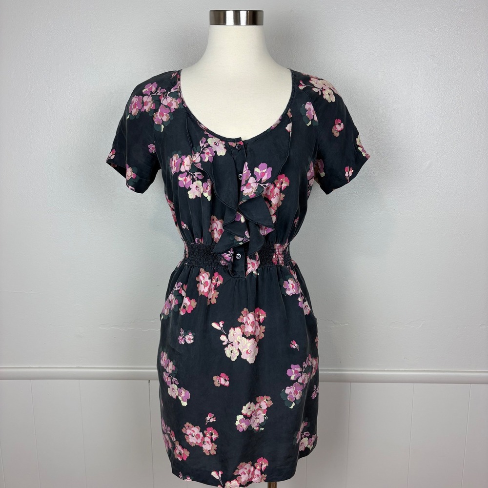 Juicy Couture Silk Dress Size S Mini Dark Floral Ruffle Front Smocked‎ Waist